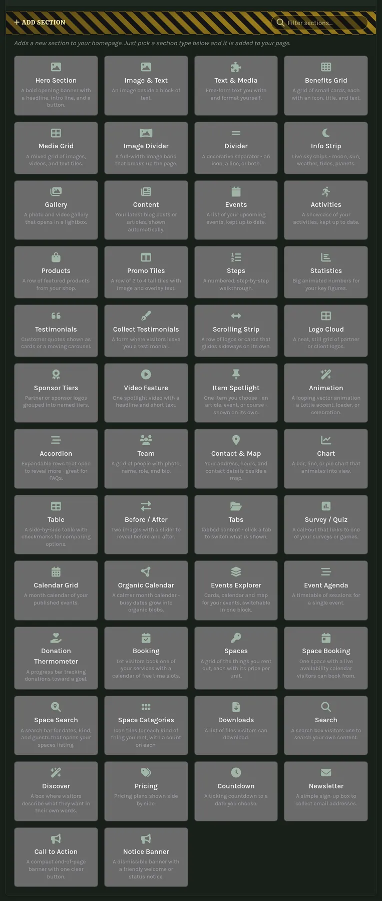 The Add Section picker.