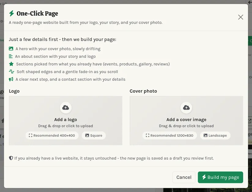 The One-Click Page dialog.