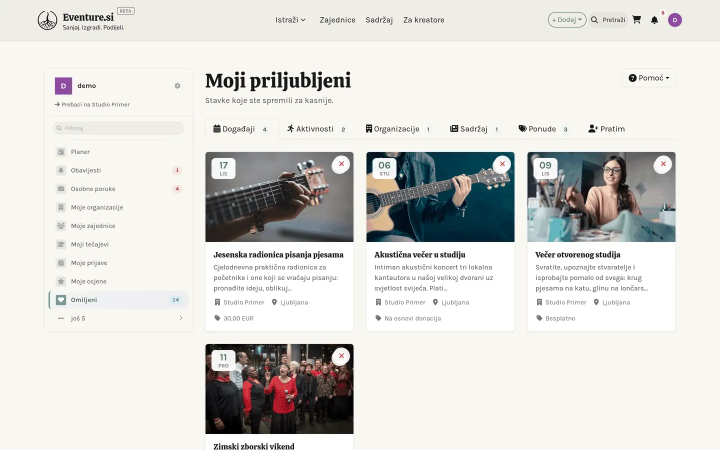 Omiljeno: spremljene stavke koje možete filtrirati po vrsti.
